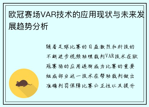 欧冠赛场VAR技术的应用现状与未来发展趋势分析