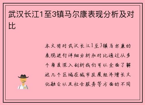 武汉长江1至3镇马尔康表现分析及对比