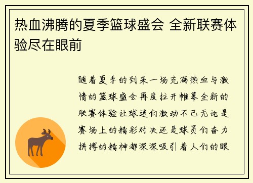 热血沸腾的夏季篮球盛会 全新联赛体验尽在眼前 热血沸腾的夏季篮球盛会 全新联赛体验尽在眼前